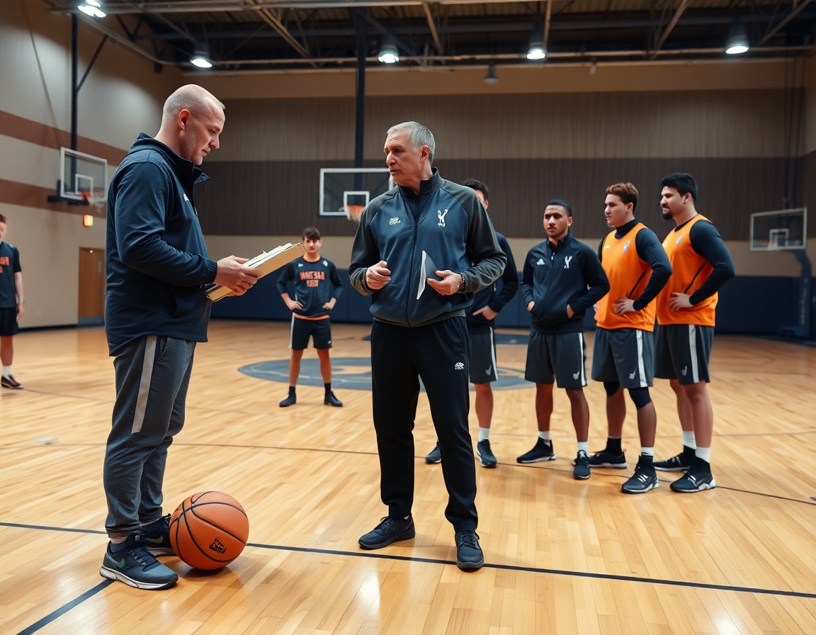 Centro minibasket robur osimo associazione sportiva: coach mostra clip di basket sul tablet mentre i giocatori osservano.