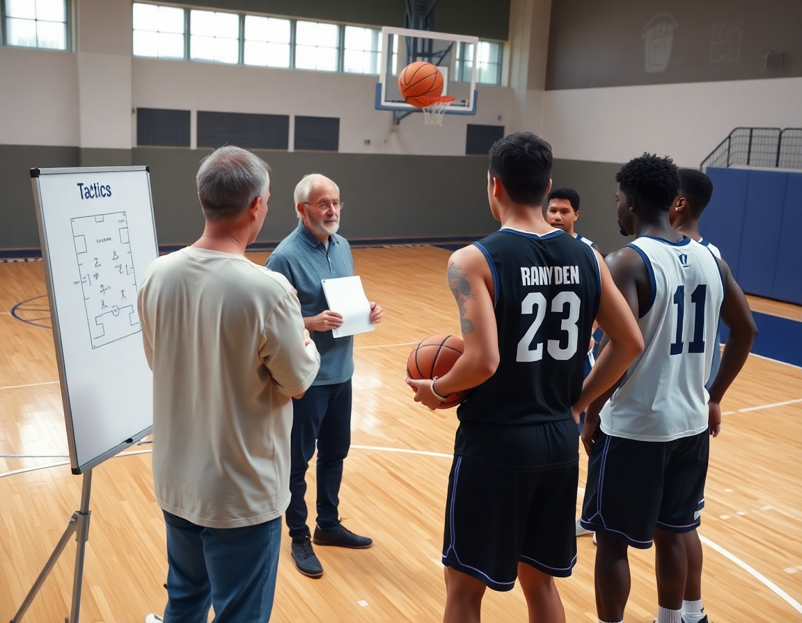 Coach consulta whiteboard mentre i giocatori ascoltano, mani sul pallone arancione, piano allenamento basket FIP.