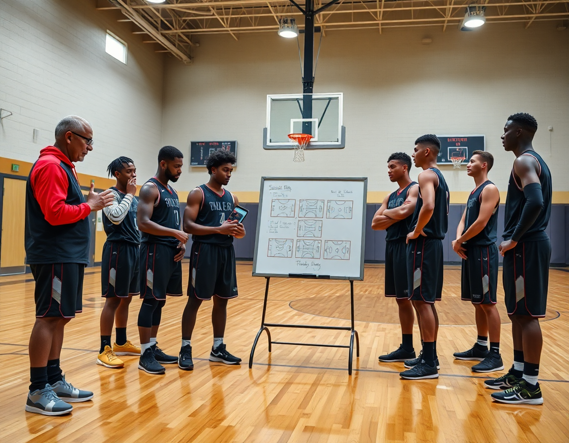 Coach consulta clip di basket su tablet e note di scouting, piano allenamento basket pdf presente sul tavolo.