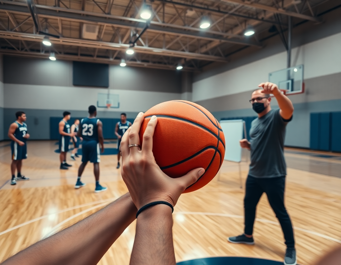 Primo piano sulle mani che stringono una pallina di basketball arancione su un parquet di palestra.