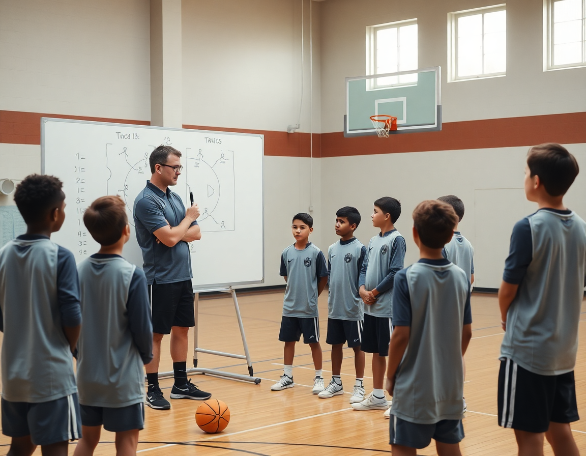 Utilizzo della tattica: coach spiega una azione semplice con la tavola tattica durante l'allenamento basket under 14.