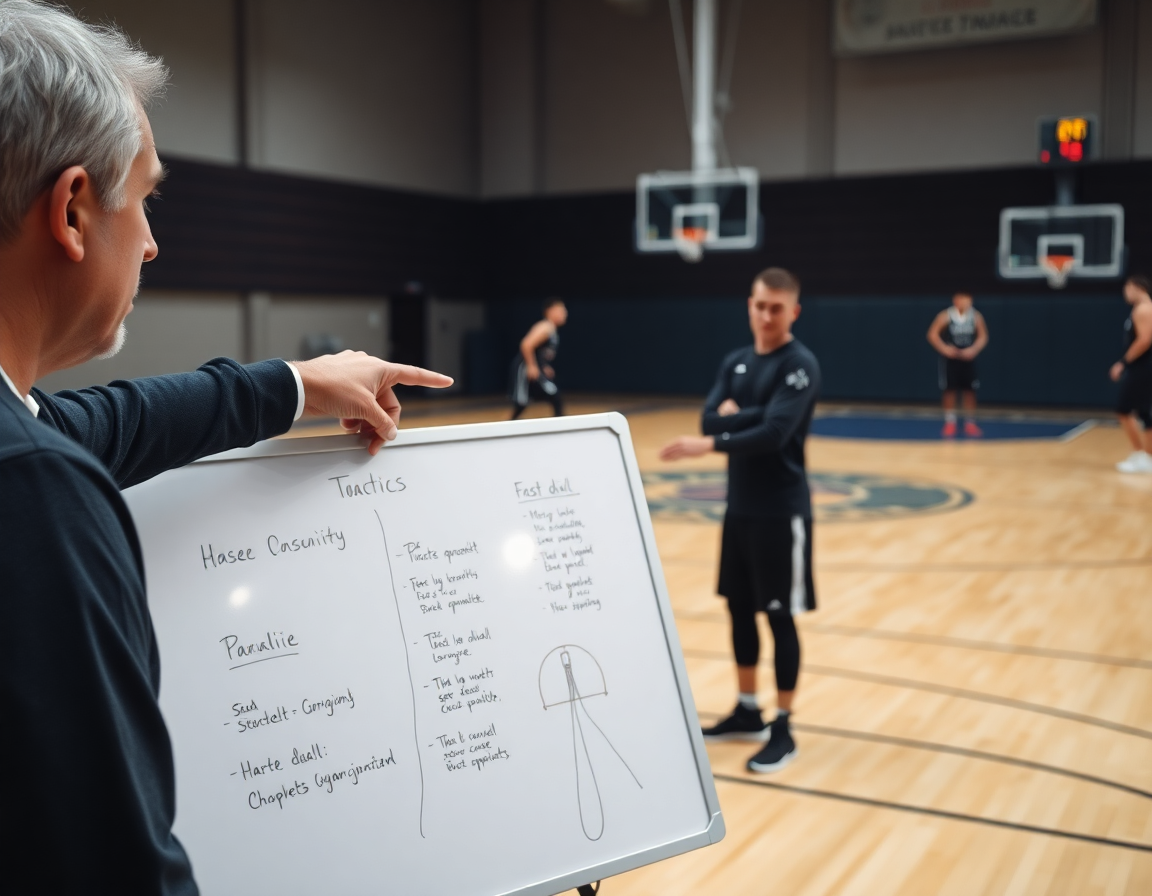 Coach con lavagna tattica mentre la squadra lavora sul piano basket under 15.