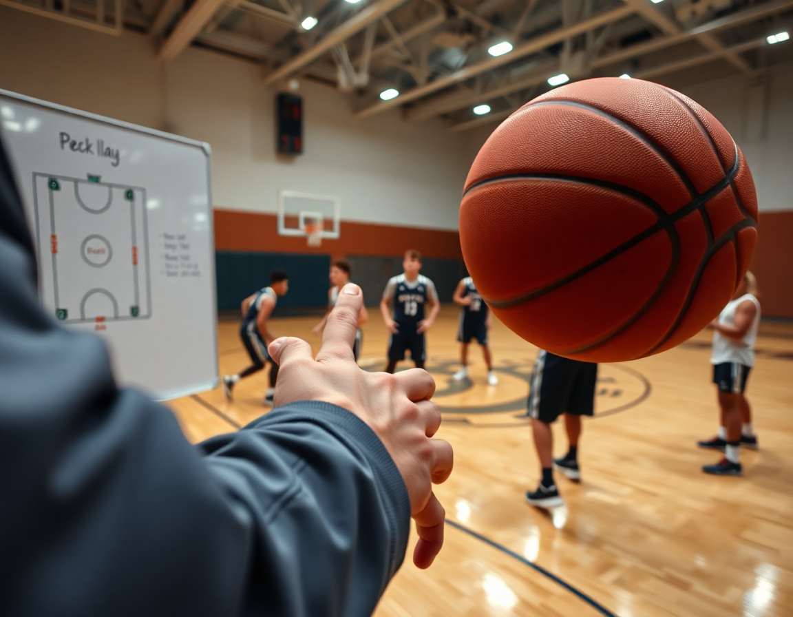 Primo piano sulle mani con pallone arancione, coach indica una lavagna con piano allenamento collaborazioni offensive semplici basket.