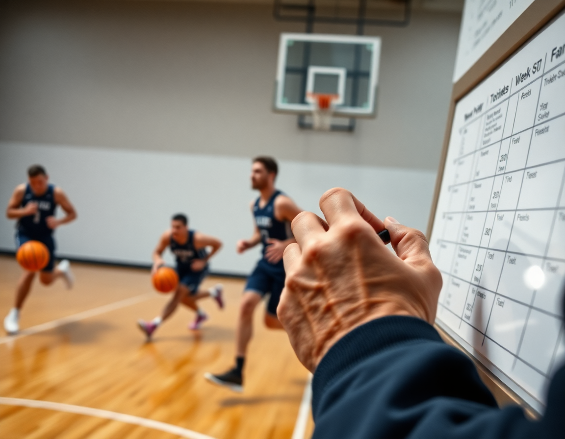 Primo piano sulle mani che scrivono sul whiteboard, piano allenamento collaborazioni offensive semplici basket, giocatori al lavoro.