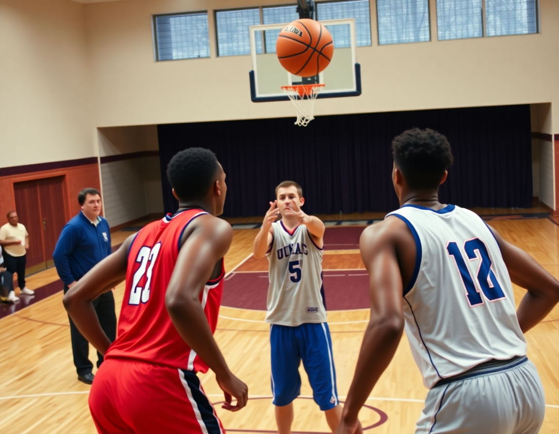 Primo piano su tre giocatori formando triangolo al pitturato, penetrazione e scarico, piano allenamento collaborazioni offensive semplici basket.