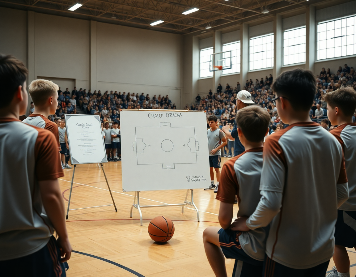 Scena ravvicinata del piano allenamento u13 basket con coach e lavagna tattica.