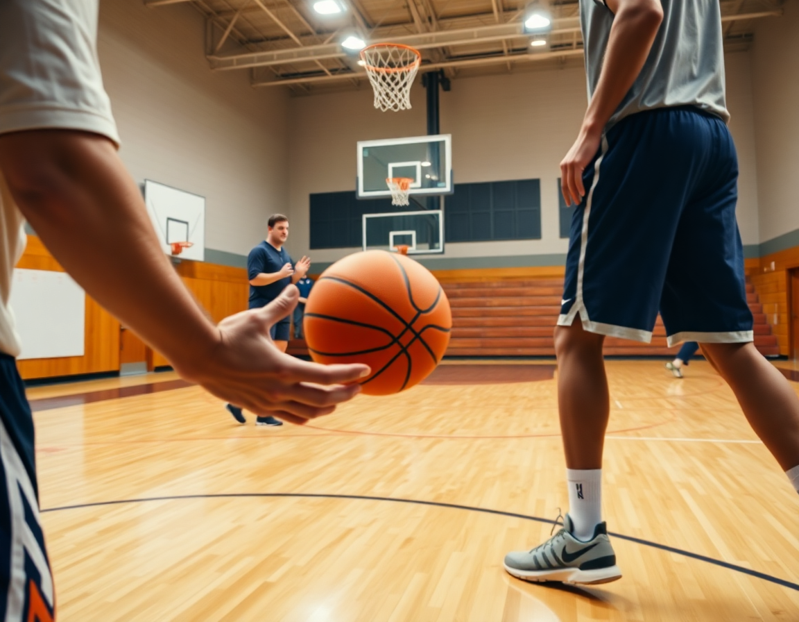 Scena stretta di basketball con coach che spiega sul whiteboard le basi del pick and roll basket.