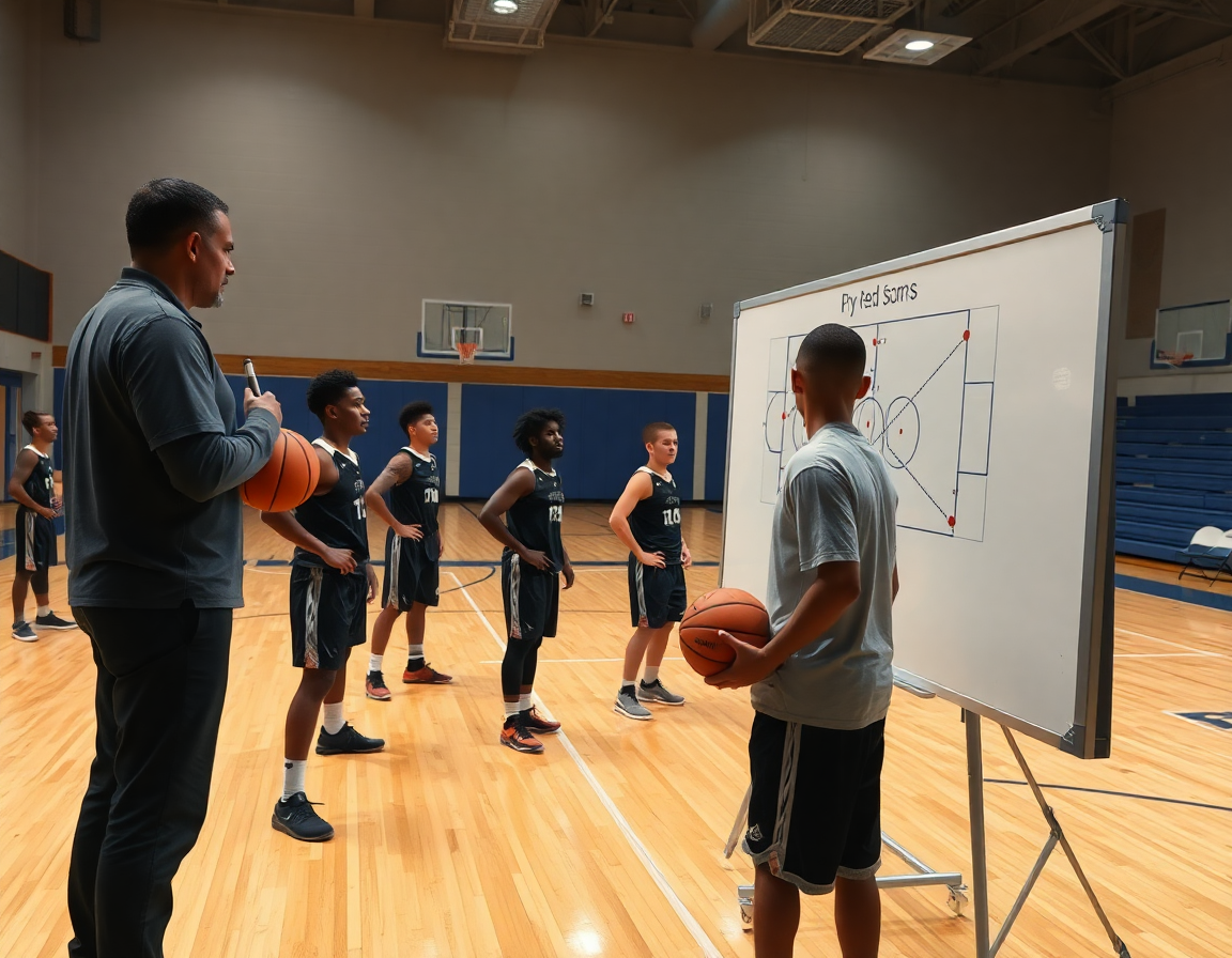 Scena medio stretta di basketball: coach mostra sul whiteboard il posizionamento per il pick and roll basket.