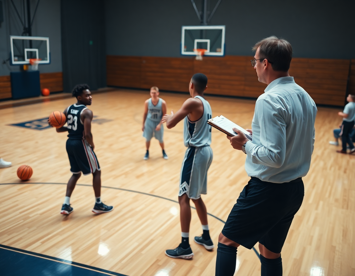 Dettaglio stretto di due giocatori che eseguono una pick and roll sulla basketball in palestra, coach al margine.