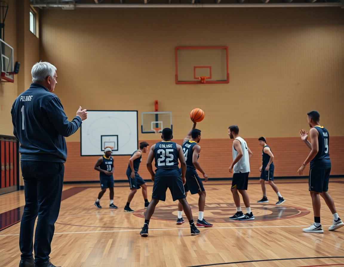 Dettaglio tattico: coach disegna una pick and roll sulla lavagna mentre la pallacanestro si svolge.