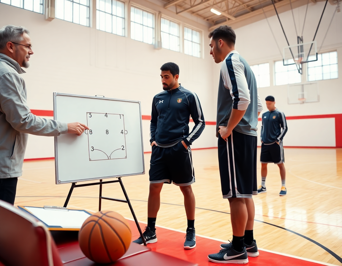 Allenatore guida il playbook basket, indicando una lavagna bianca mentre i giocatori in kit osservano attentamente.