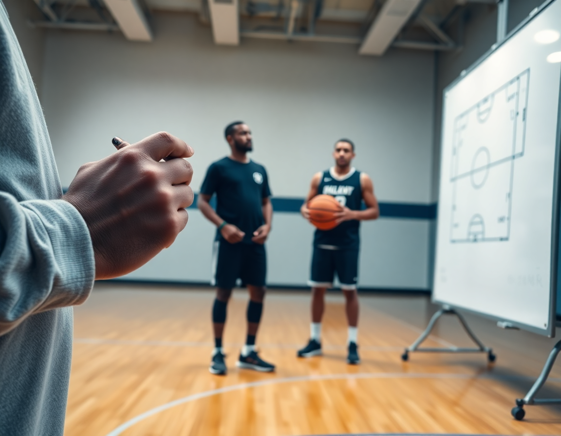 Primo piano sulle mani dell'allenatore che disegna linee su una lavagna bianca, passaggio atteso.