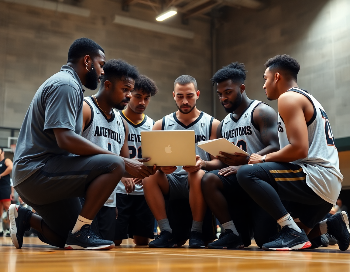 Allenatore e giocatori osservano una clip video sul laptop, palestra visibile sullo sfondo.