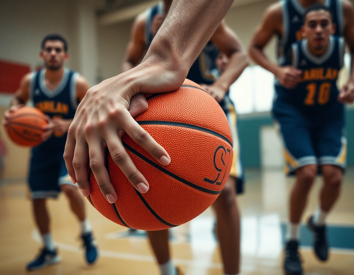 Primo piano sulle mani che stringono una pallone arancione mentre qualcuno dribbla dietro durante un allenamento di basket.