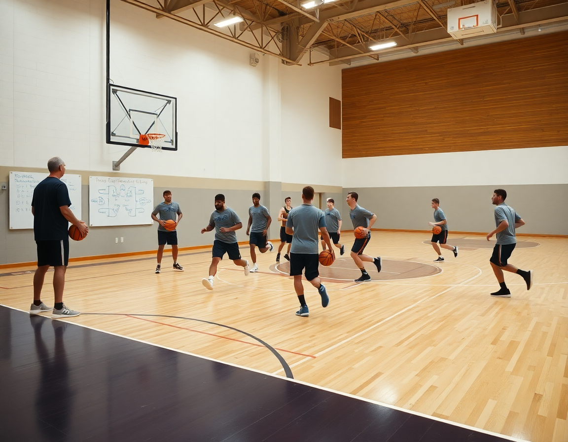 Scatto panoramico: squadra di basket in riscaldamento basket con palla, coach con whiteboard e pallone arancione.