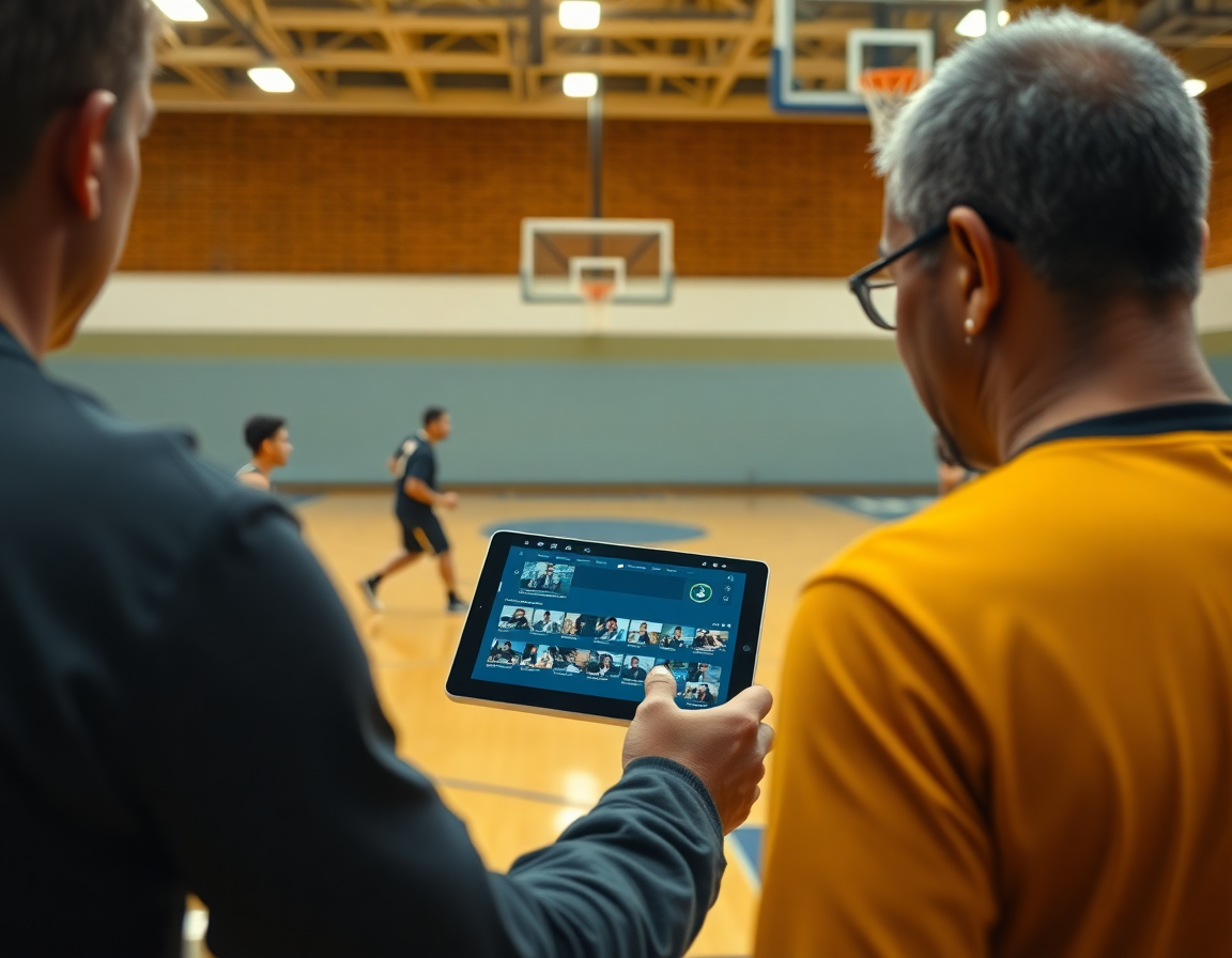 Vista laterale: allenatore guarda riscaldamento basket con palla su tablet mentre i giocatori eseguono drill.