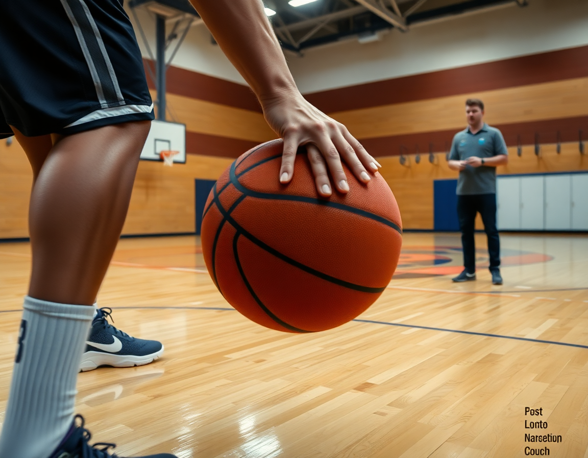 Dettaglio mani su esecuzioni di esercizi riscaldamento basket con palla durante l'allenamento in palestra.