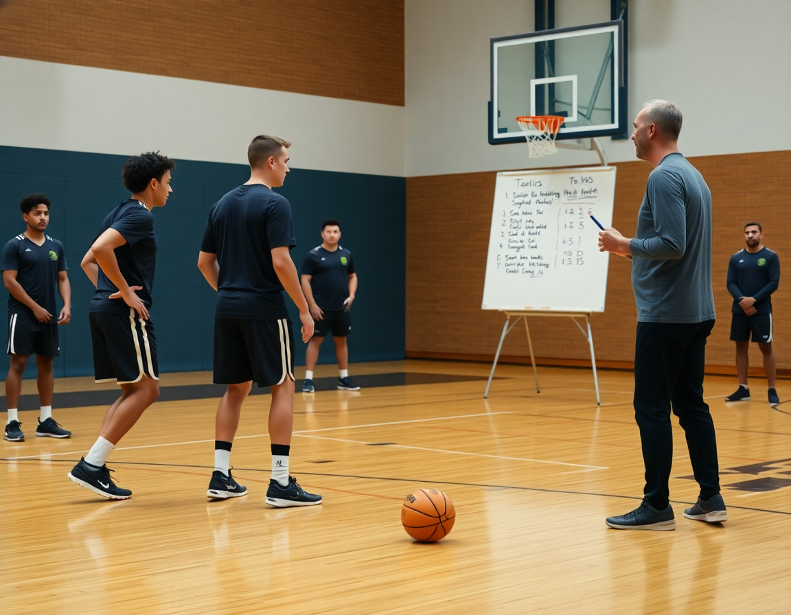Due giocatori eseguono drill senza palla sul legno mentre l'allenatore annota dettagli sul riscaldamento basket senza palla.