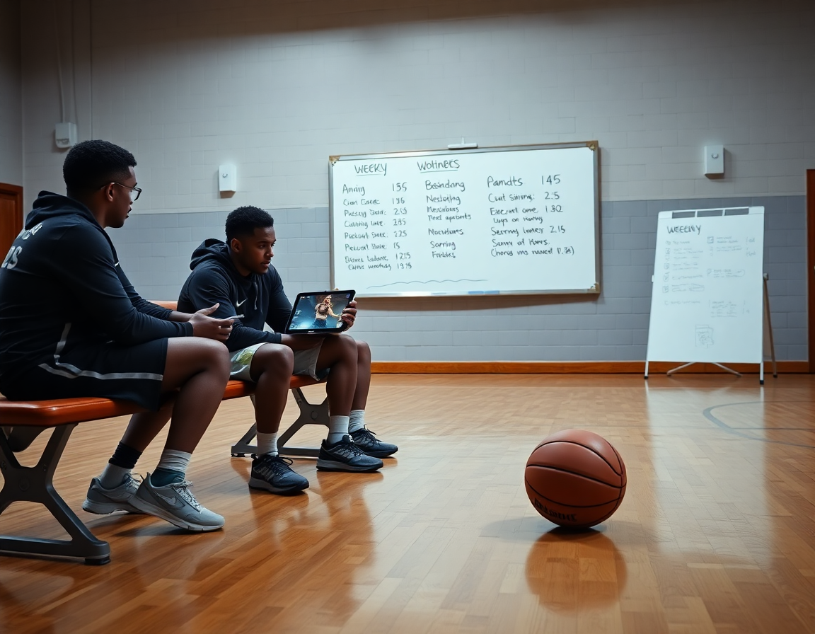 Allenatore mostra clip su tablet per il riscaldamento basket senza palla e la tattica.