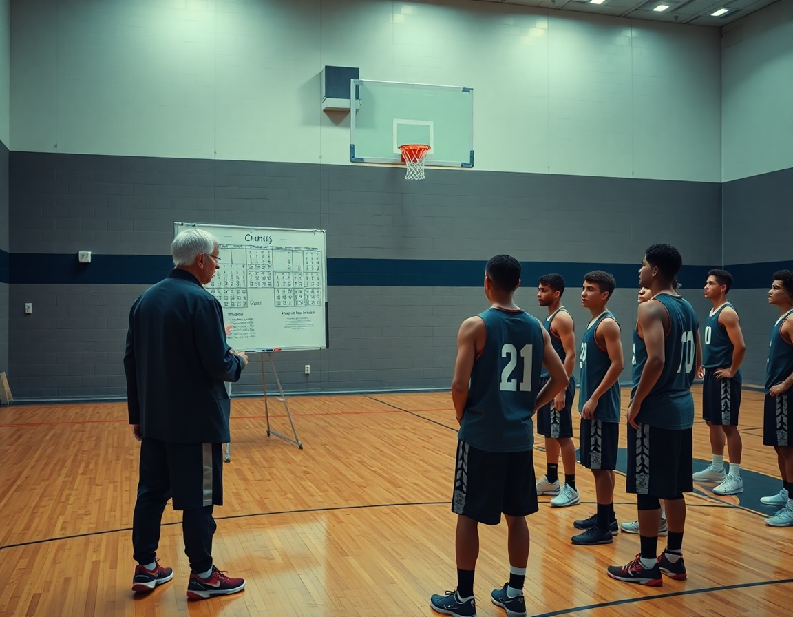 Allenatore pianifica piano settimanale di allenamento sul tabellone, schema allenamento basket ben visibile.