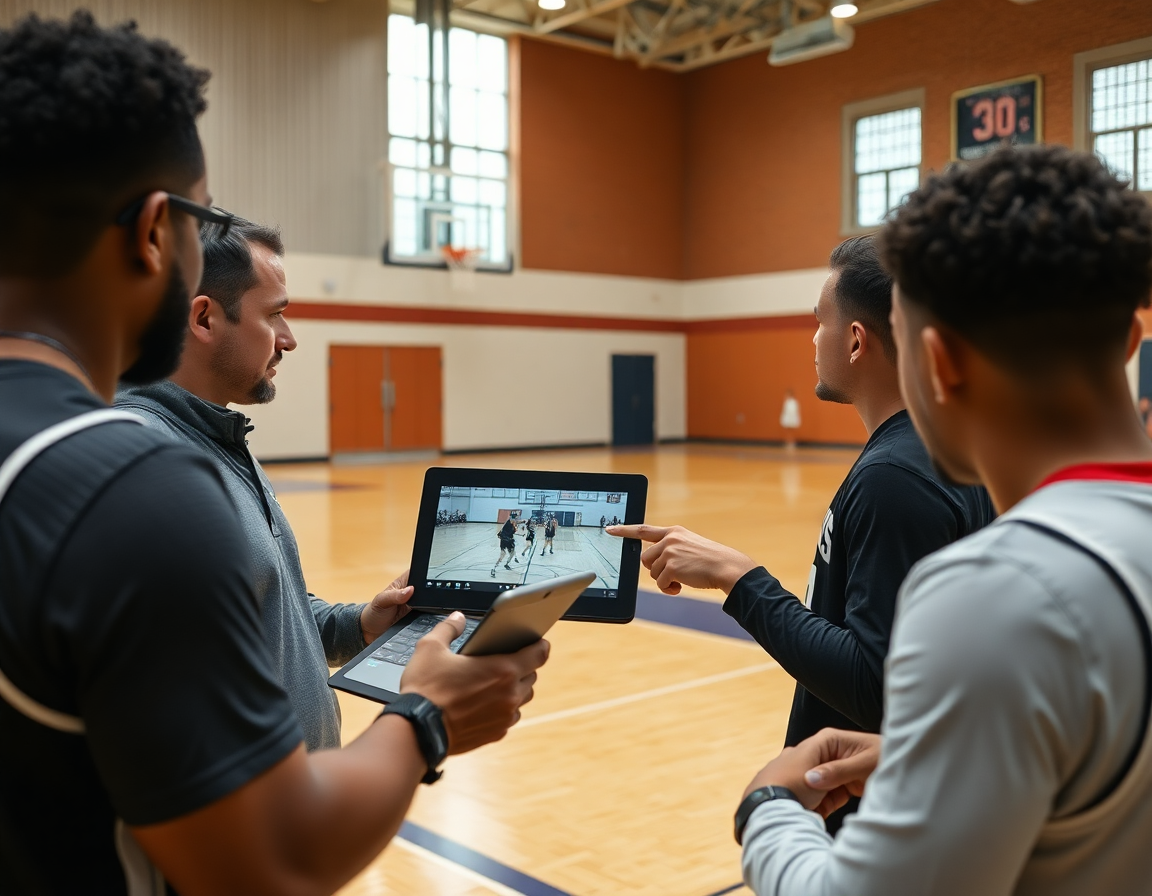 Allenatore e giocatori guardano clip video di basketball su tablet, scouting e analisi tattica.