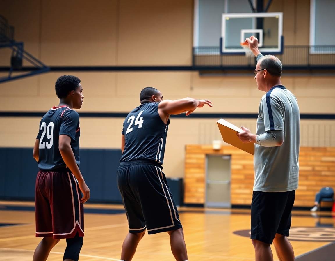 Primo piano su due giocatori che eseguono uno schema attacco basket contro zona durante l'allenamento.