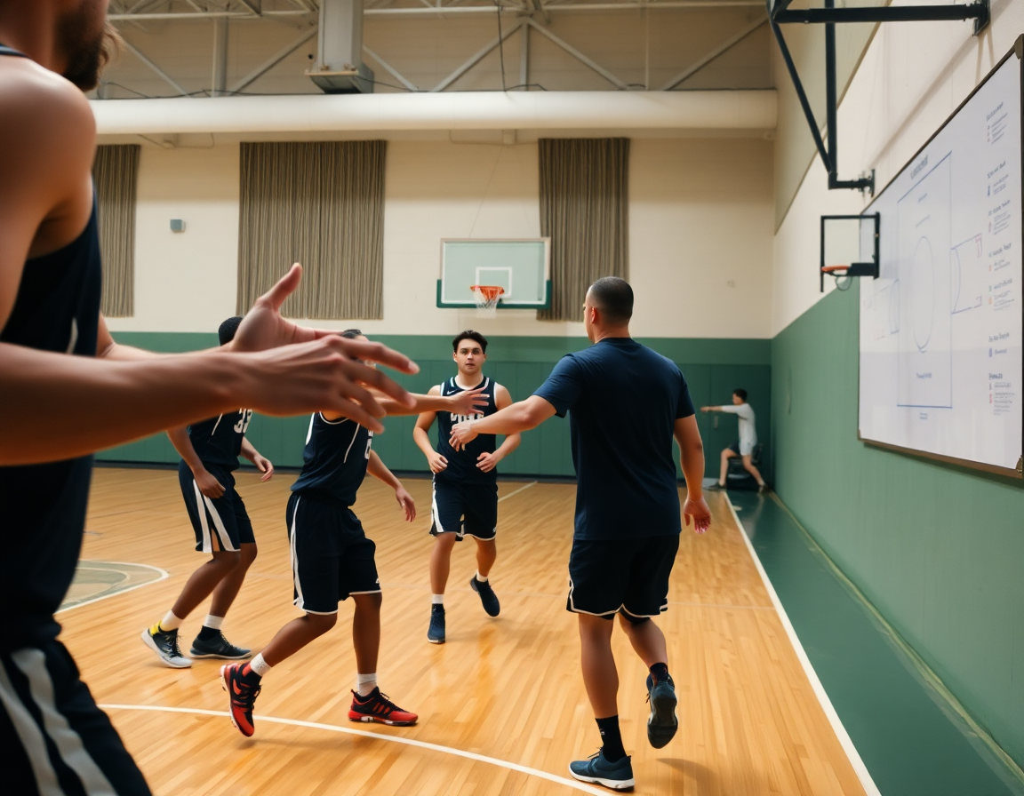 Primo piano sulle mani dei giocatori che eseguono tagli e passaggi in uno schema attacco basket contro zona.