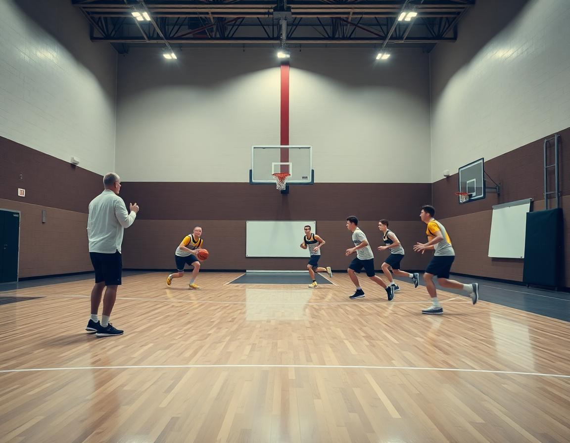 Wide shot di basketball vicino alla linea tre punti: coach mostra attacco basket sul whiteboard.
