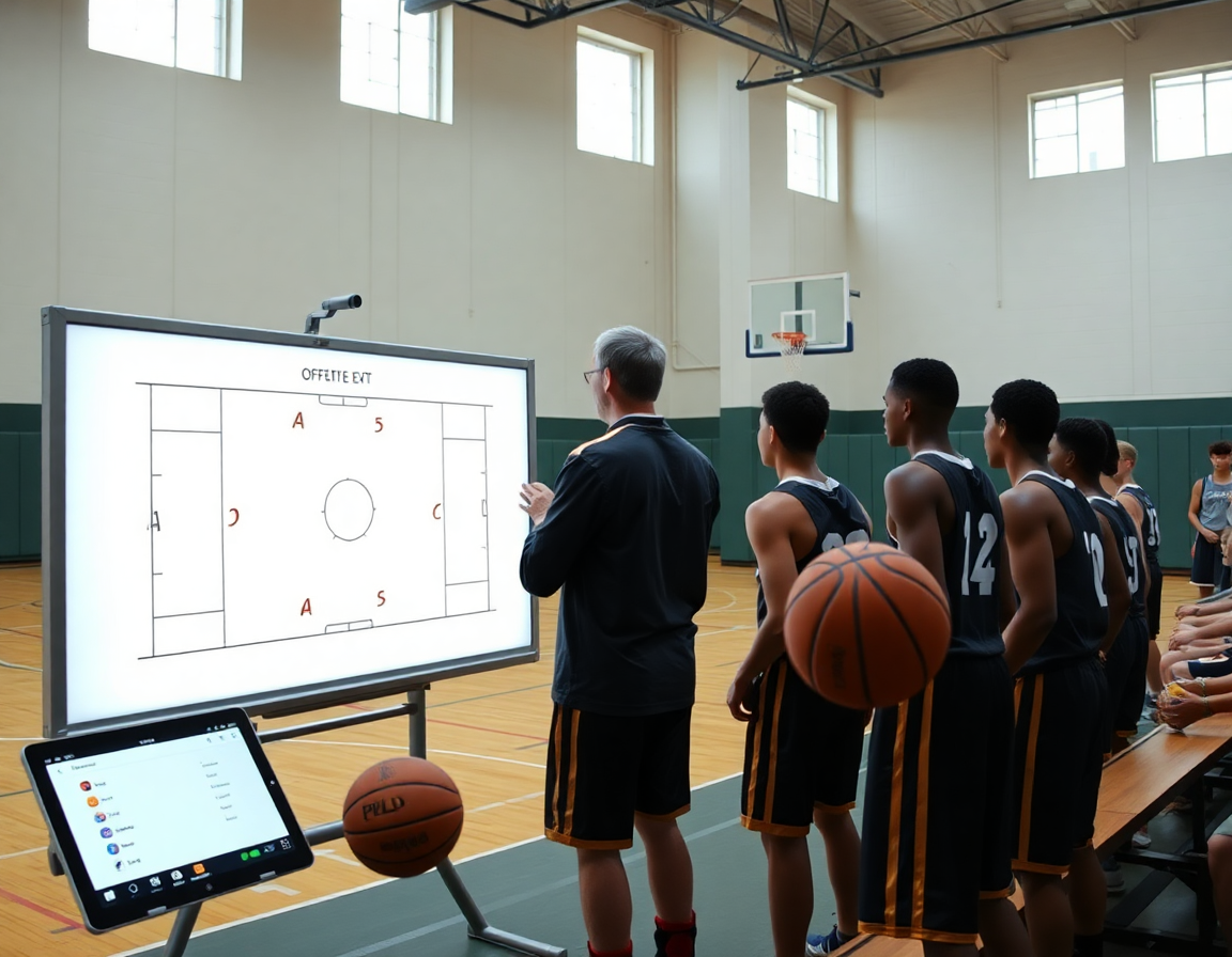 Allenatore accanto a lavagna digitale disegna schema attacco basket durante allenamento di basketball.