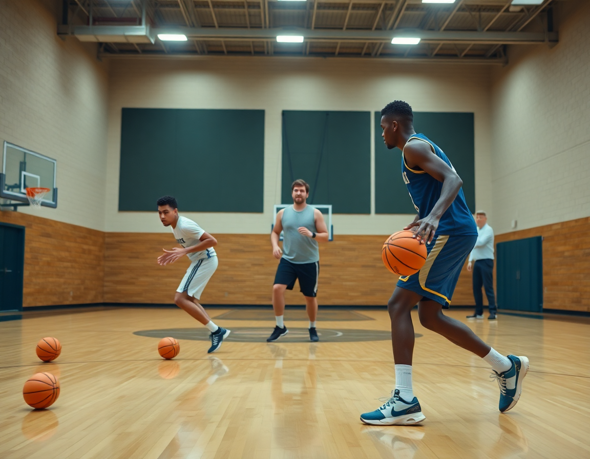 Allenamento in palestra con squadra di basketball, coach spiega schema attacco basket durante esercizio.