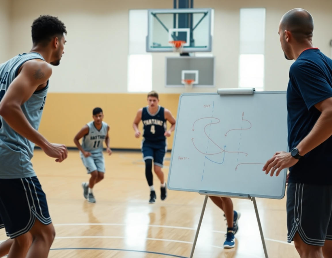 Primo piano: quattro giocatori in posizioni 4 fuori 1 dentro, mentre il coach indica lo schema basket.
