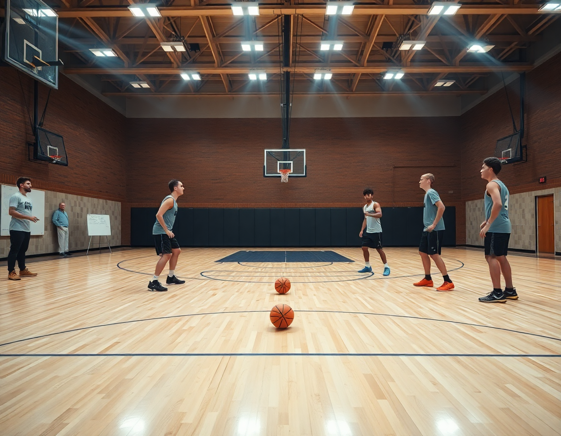 Allenamento schema basket 5 fuori: coach mostra Circle Motion sul whiteboard mentre la squadra corre.