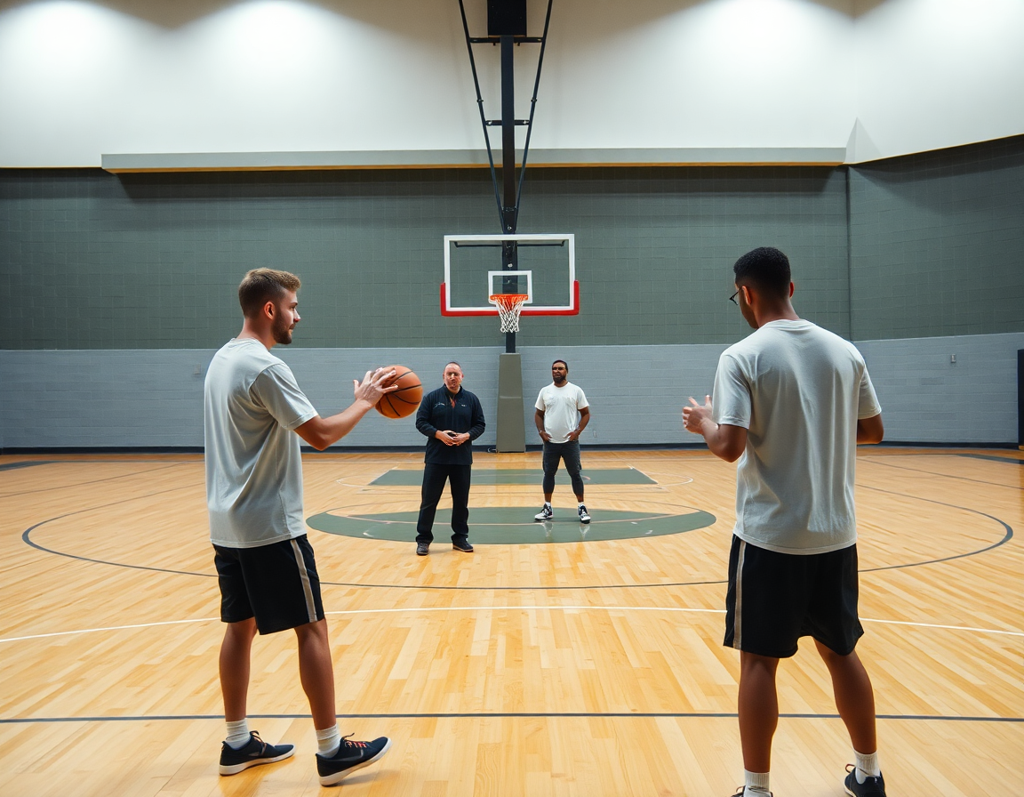 Dettaglio d'azione: due giocatori in canotte semplici si allenano mentre l'allenatore indica lo schema basket.
