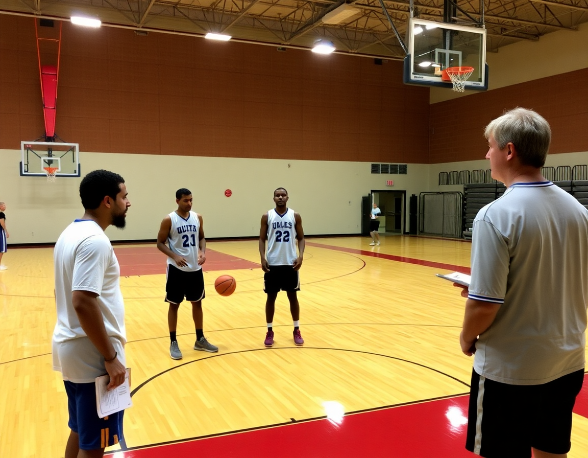 Tre giocatori al vertice praticano lo schema basket doppia uscita sul cemento della palestra.
