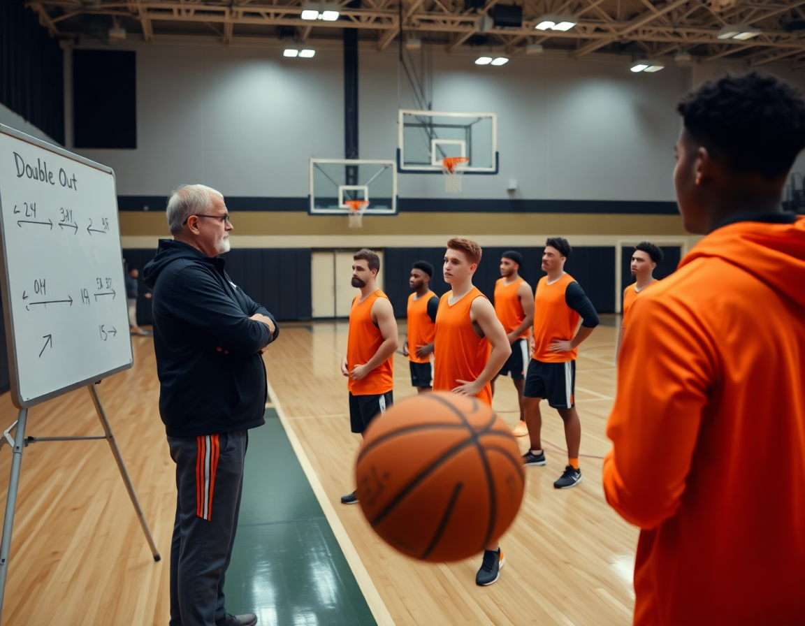 Allenatore usa il whiteboard per spiegare lo schema basket doppia uscita ai giocatori in allenamento.