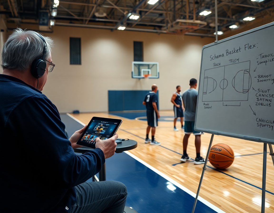 Una sessione di video review mostra diagrammi tattici e schema basket flex durante l'allenamento di basket
