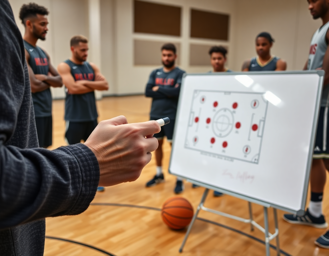Dettaglio mani allenatore e lavagna tattica con schema basket in inglese durante l'allenamento di basketball.