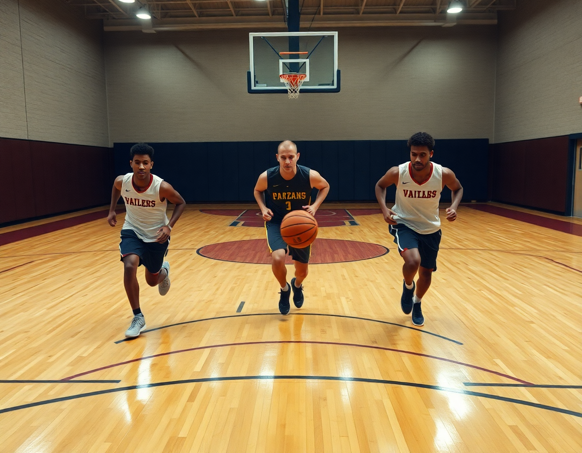 Tre giocatori eseguono una basketball drill; coach illustra schema basket in inglese durante l'allenamento.