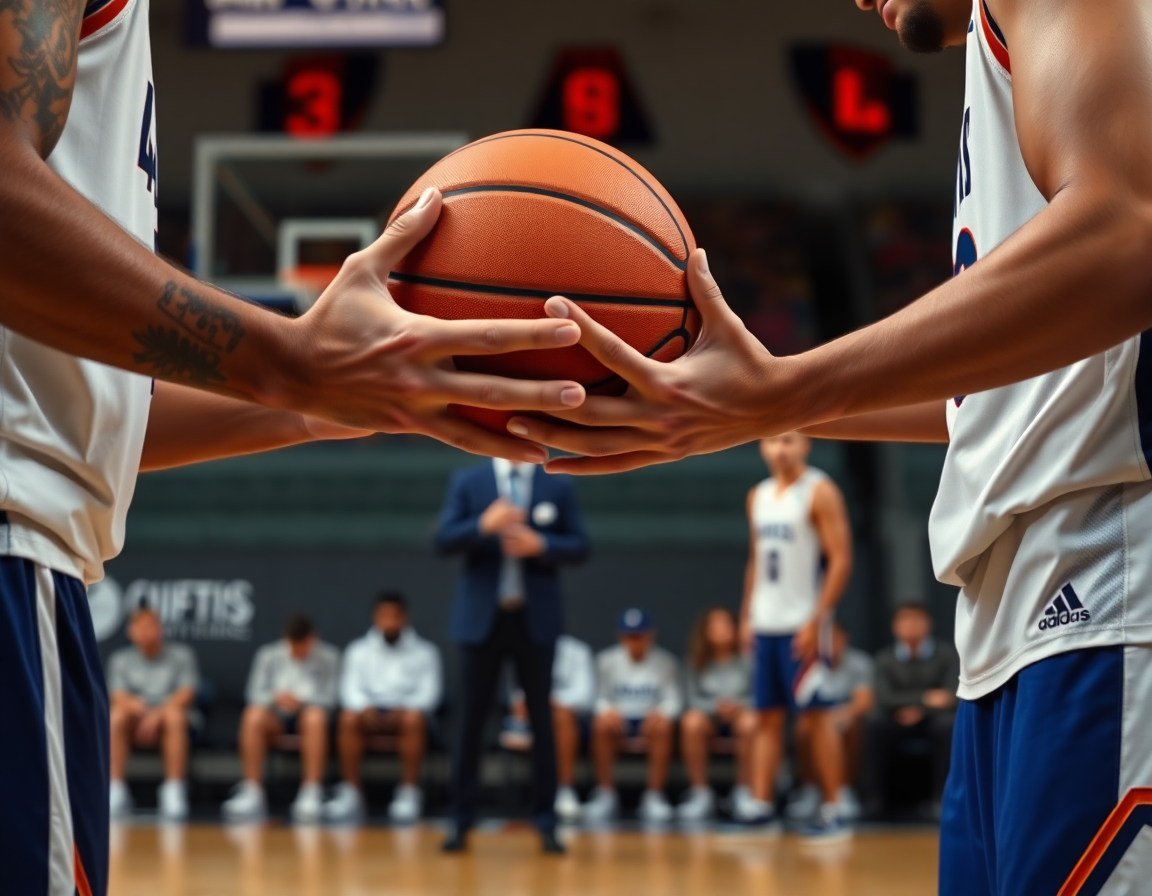 Primo piano: mani che passano una basketball tra compagni; il coach indica lo schema basket in inglese.