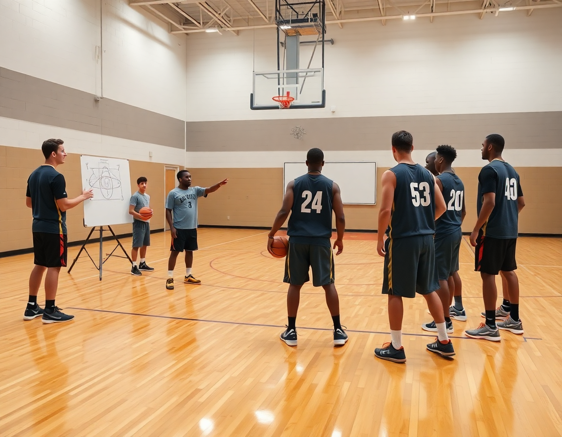 Il coach spiega lo schema basket pugno ai giocatori durante l'allenamento di basket.