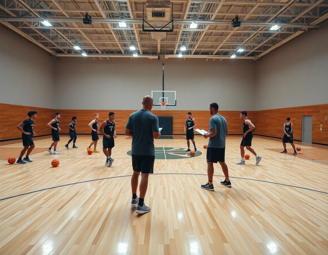 Esecuzione pratica del schema basket ruoli: i giocatori si muovono in campo seguendo le istruzioni del coach.
