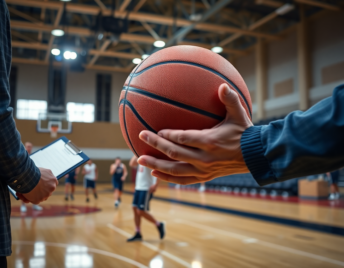 Il coach annota note mentre i giocatori guardano, schema basket doppio blocco progredisce durante la sessione.