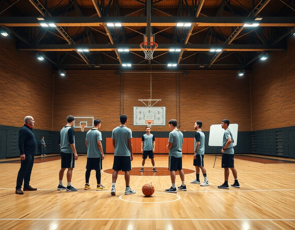 Coach in palestra mostra schemi allenamento basket ai giocatori durante una sessione di drill.