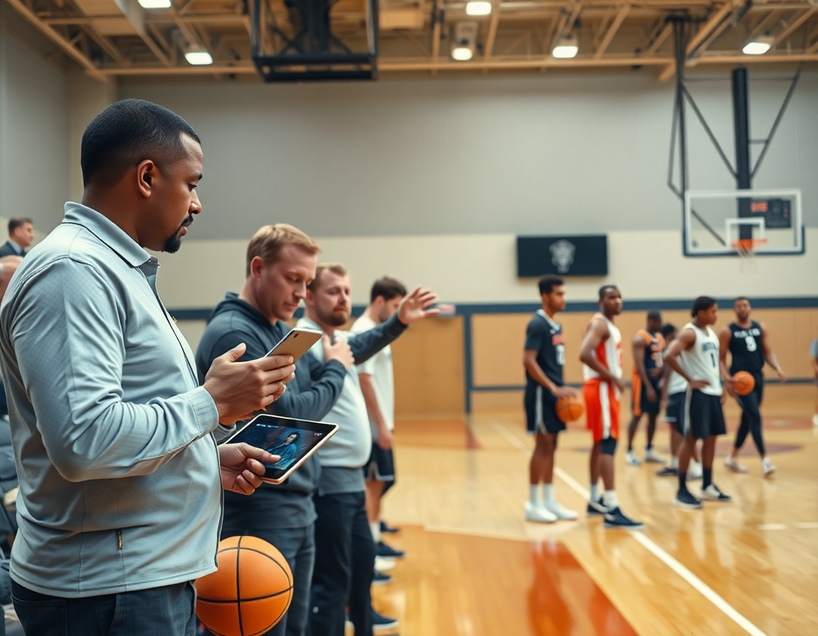 Il team rivede clip di basket sul tablet vicino agli schemi allenamento basket proiettati.