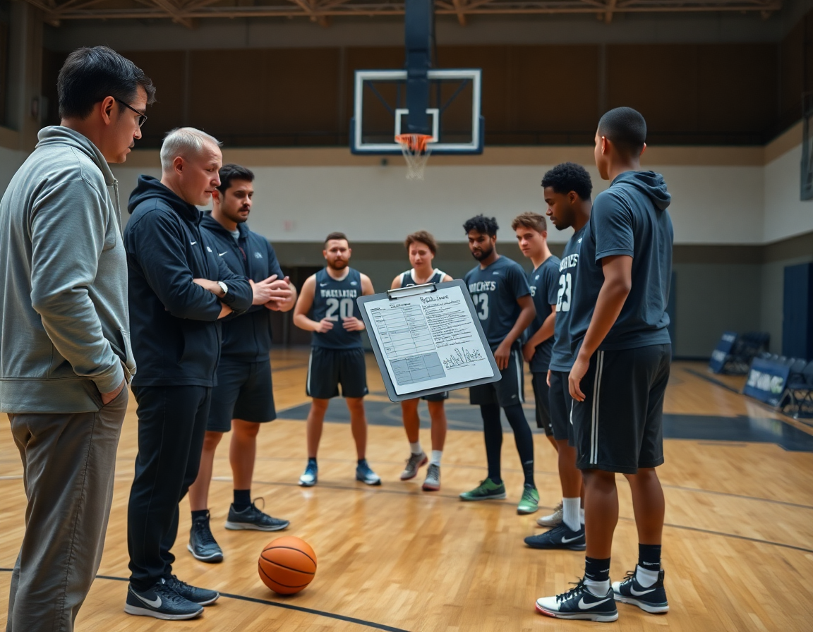 Allenatori e giocatori osservano schemi allenamento basket sul tavolo e si esercitano vicino al canestro.