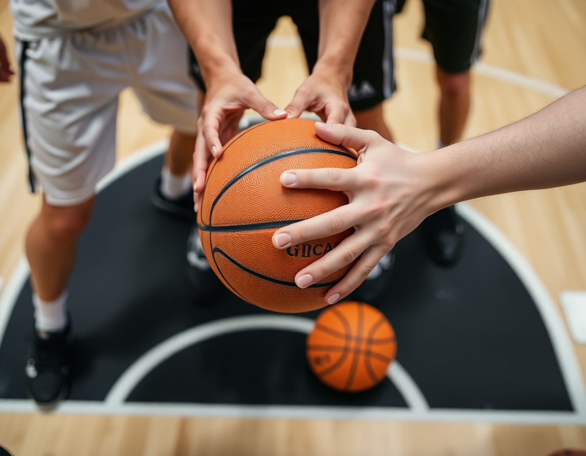 Pausa tra azioni: giocatori consultano schemi attacco basket pdf mentre preparano il tiro.
