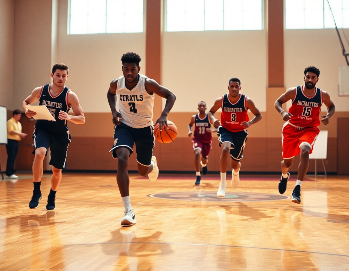 Due ali e guardia eseguono i schemi attacco basket vicino al tiro libero durante riscaldamento.