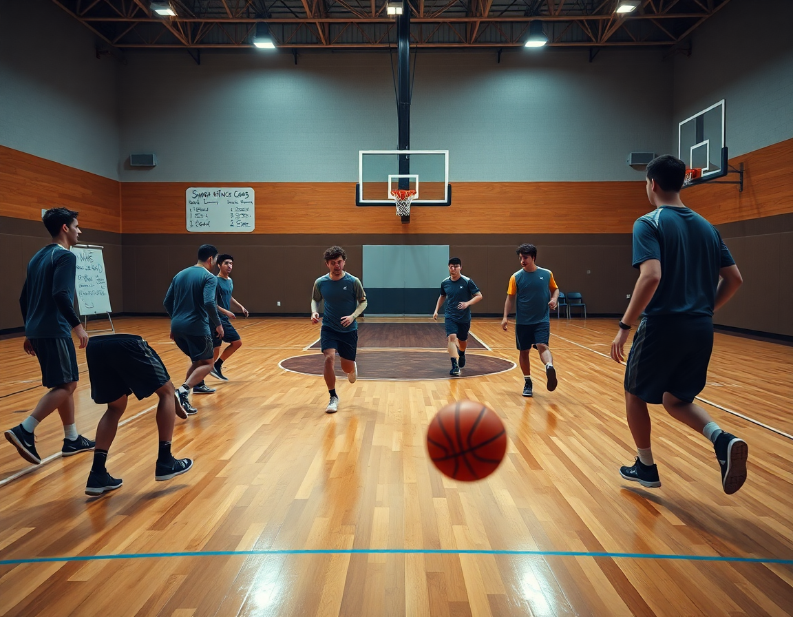 Breve scena di allenamento di basket in palestra, pallone arancione che rimbalza mentre l'allenatore indica i movimenti.