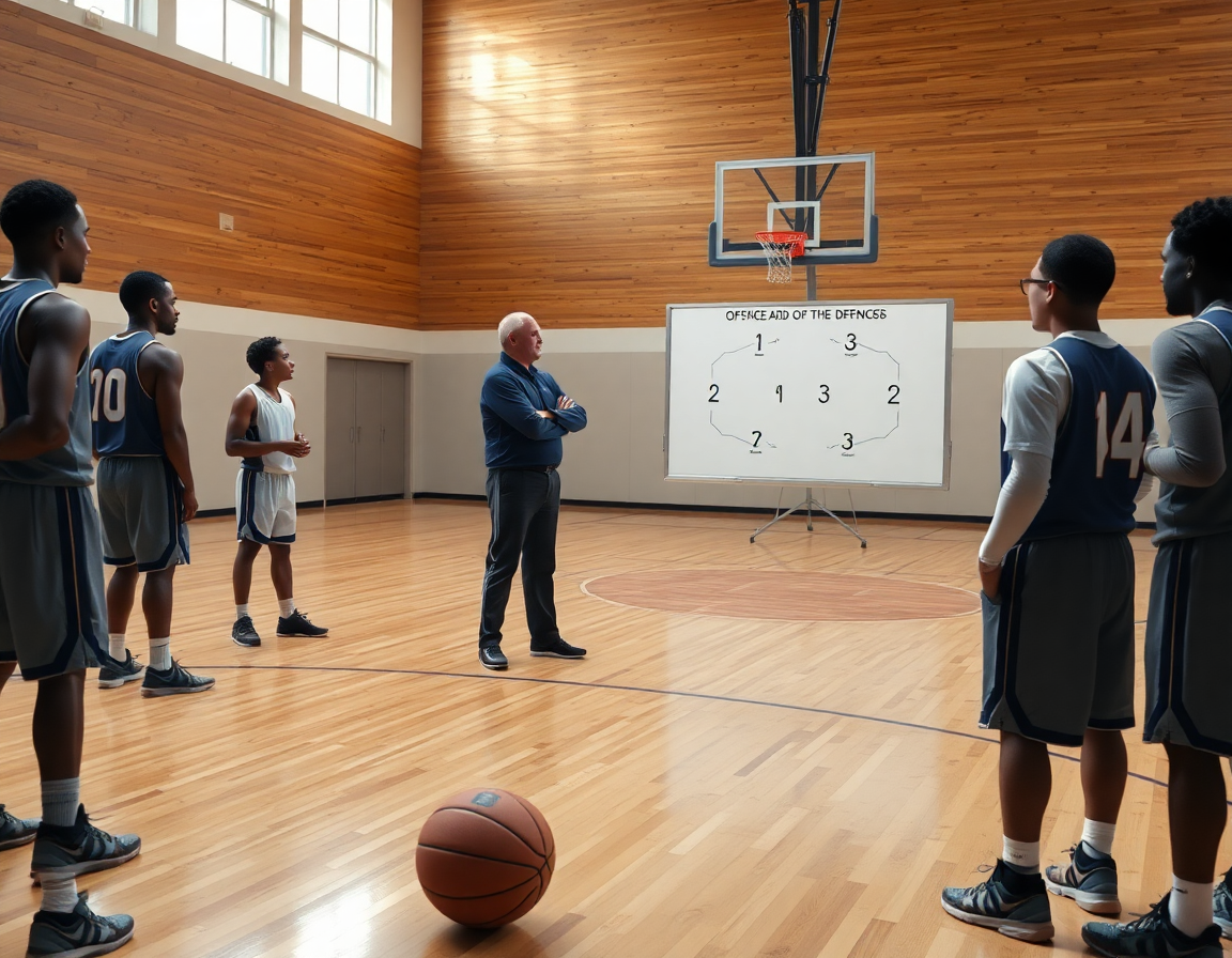 Allenatore e lavagna: adattare schemi contro difese diverse durante l'allenamento di basket.