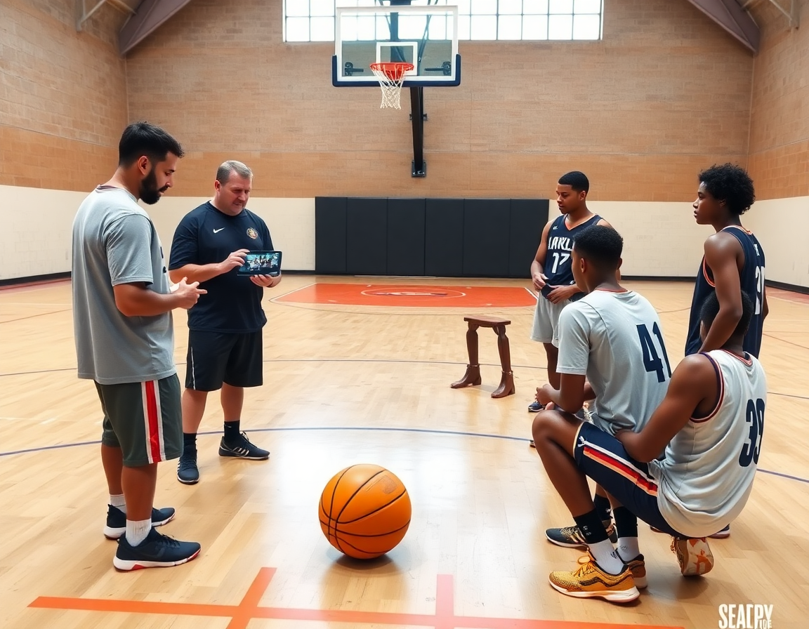 Riprese video e discussione di attacco: i giocatori ascoltano schemi basket attacco sul parquet.